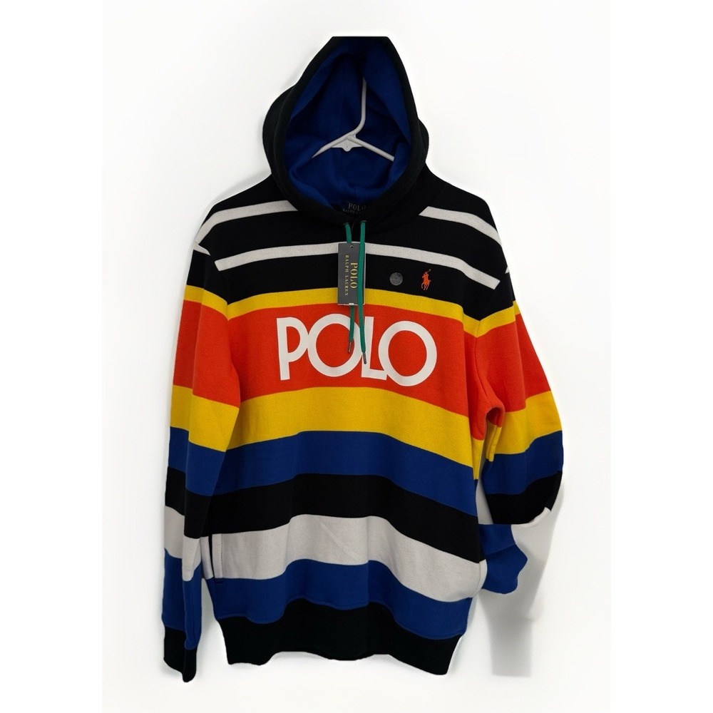 POLO RALPH LAUREN Men's M Colorful Striped Graphic Logo Drawstring Hoodie NEW